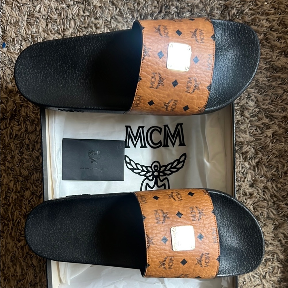 MCM Men's Black and Cognac Slide Sandals